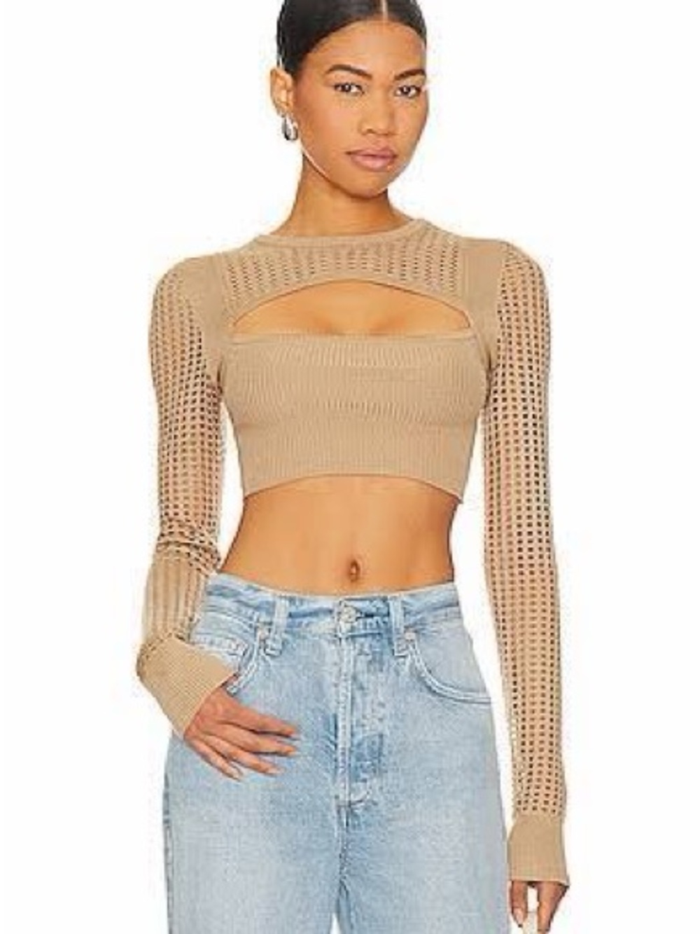 Camila Coelho Beige Cutout Crochet-Sleeve Crop Top